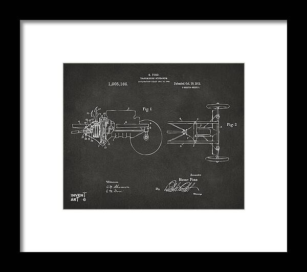 Henry Ford Framed Print featuring the digital art 1911 Henry Ford Transmission Patent Gray by Nikki Marie Smith