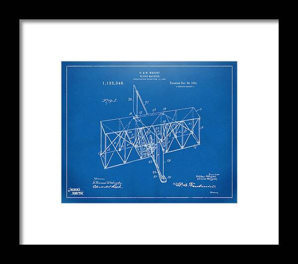 Wright Brothers Framed Print featuring the digital art 1914 Wright Brothers Flying Machine Patent Blueprint by Nikki Marie Smith