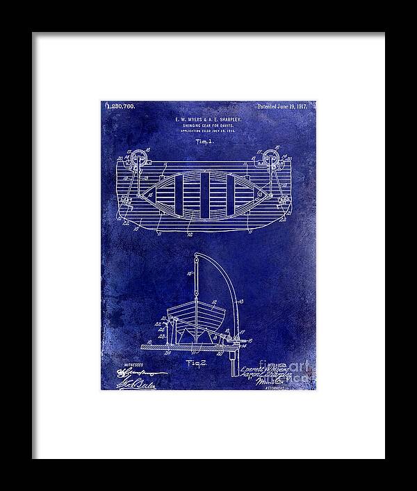 Davit Patent Framed Print featuring the photograph 1917 Davit Patent Drawing Blue by Jon Neidert