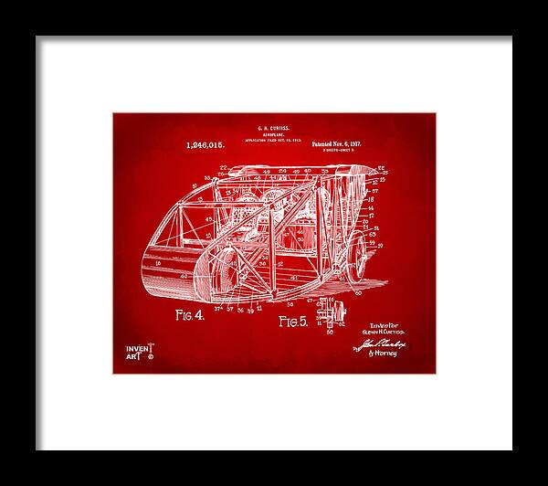 Airplane Framed Print featuring the digital art 1917 Glenn Curtiss Aeroplane Patent Artwork 3 Red by Nikki Marie Smith