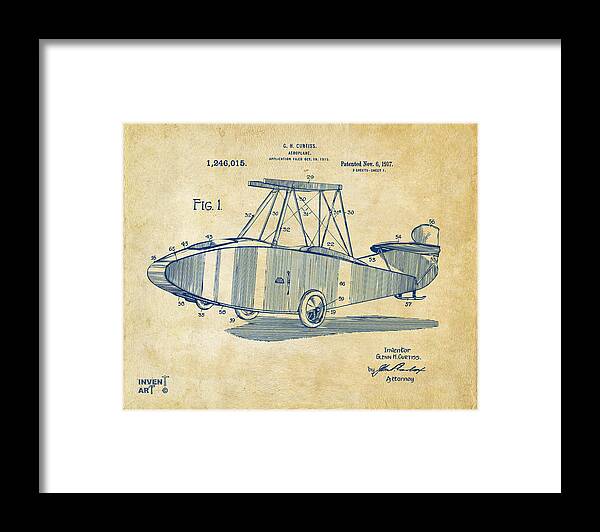 Airplane Framed Print featuring the digital art 1917 Glenn Curtiss Aeroplane Patent Artwork Vintage by Nikki Marie Smith