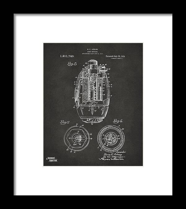Grenade Framed Print featuring the digital art 1919 Hand Grenade Patent Artwork - Gray by Nikki Marie Smith