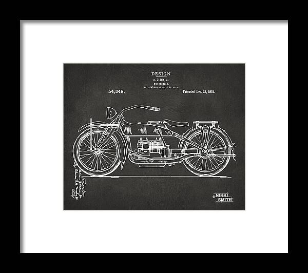 Harley Framed Print featuring the digital art 1919 Motorcycle Patent Artwork - Gray by Nikki Marie Smith