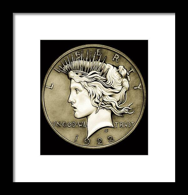 Coin Framed Print featuring the drawing 1922 Circulated Peace Dollar by Fred Larucci