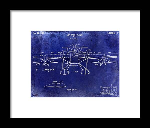 1927 Framed Print featuring the photograph 1927 Airplane Patent Drawing Blue by Jon Neidert