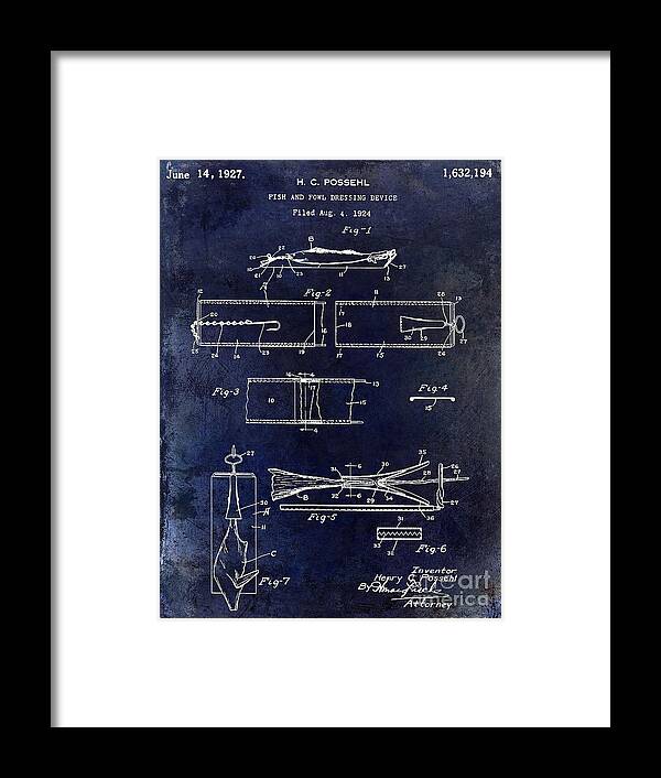 Fish Framed Print featuring the photograph 1927 Fish and Fowl cleaning Device Patent Blue by Jon Neidert