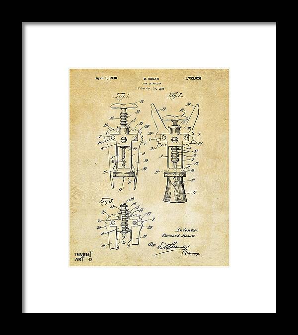 Corkscrew Framed Print featuring the digital art 1928 Cork Extractor Patent Art - Vintage Black by Nikki Marie Smith