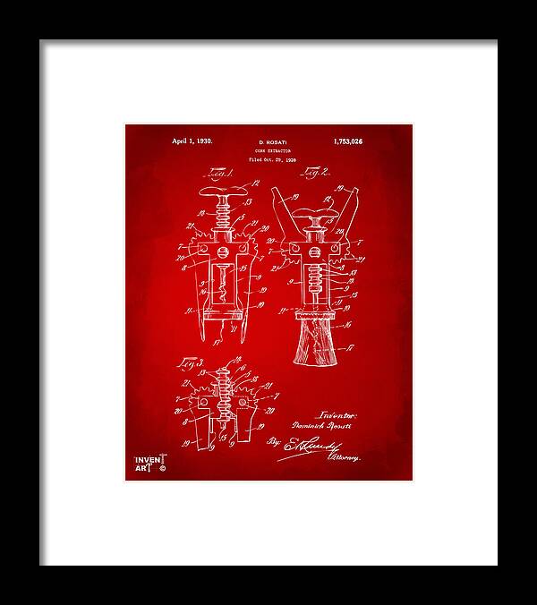 Corkscrew Framed Print featuring the digital art 1928 Cork Extractor Patent Artwork - Red by Nikki Marie Smith