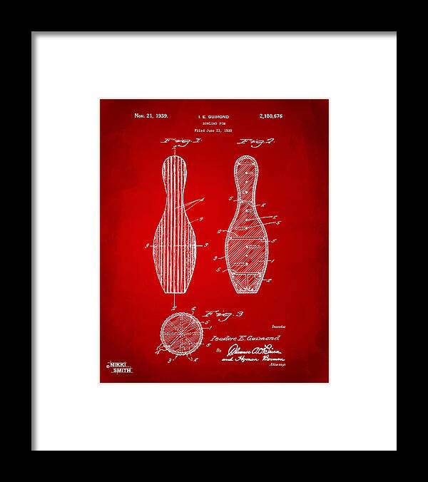 Bowling Framed Print featuring the digital art 1939 Bowling Pin Patent Artwork - Red by Nikki Marie Smith