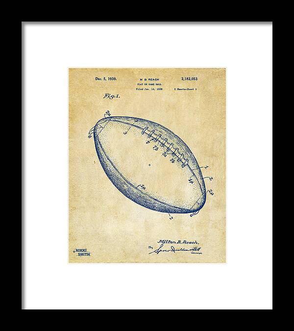 Fotball Framed Print featuring the digital art 1939 Football Patent Artwork - Vintage by Nikki Marie Smith