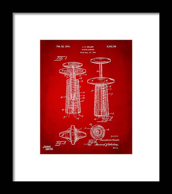 Wine Framed Print featuring the digital art 1944 Wine Corkscrew Patent Artwork - Red by Nikki Marie Smith