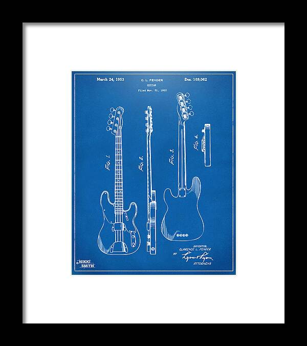 Fender Guitar Framed Print featuring the drawing 1953 Fender Bass Guitar Patent Artwork - Blueprint by Nikki Marie Smith