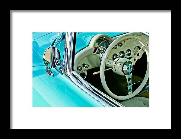 1957 Chevrolet Corvette Steering Wheel Emblem Framed Print featuring the photograph 1957 Chevrolet Corvette Steering Wheel Emblem by Jill Reger