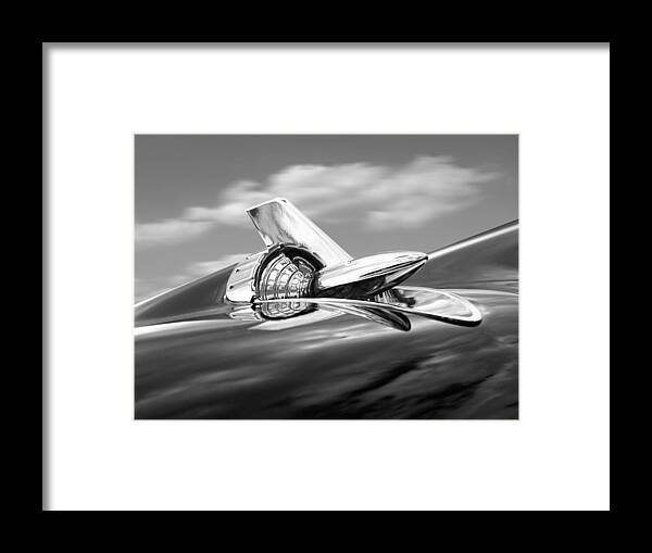 Classic Chevy Framed Print featuring the photograph 1957 Chevy Bel Air Hood Ornament in Black and White by Gill Billington