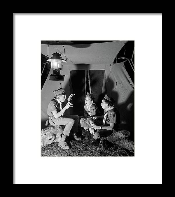 Photography Framed Print featuring the photograph 1960s 3 Boy Scouts Sitting Tent Night by Vintage Images