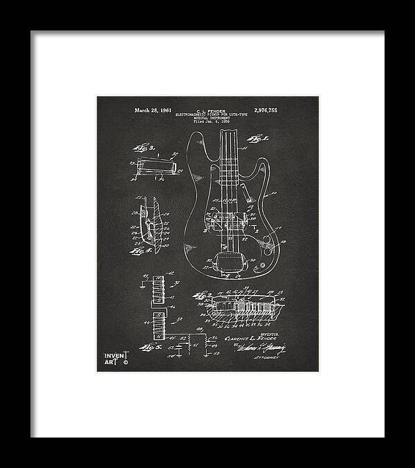 Guitar Framed Print featuring the digital art 1961 Fender Guitar Patent Artwork - Gray by Nikki Marie Smith