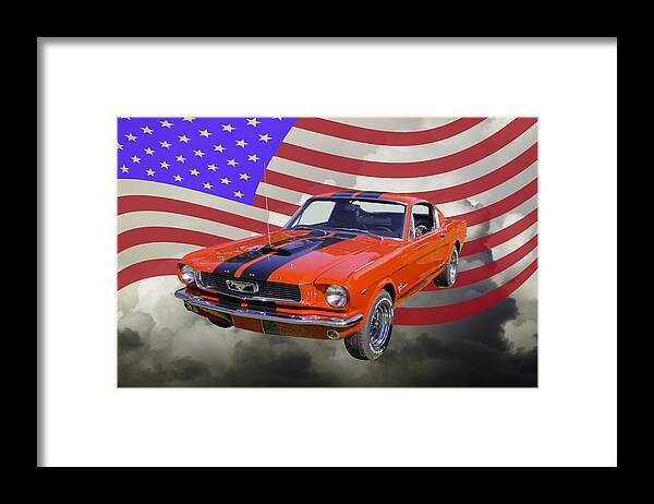 Car Framed Print featuring the photograph 1966 Ford Mustang Fastback and American Flag by Keith Webber Jr