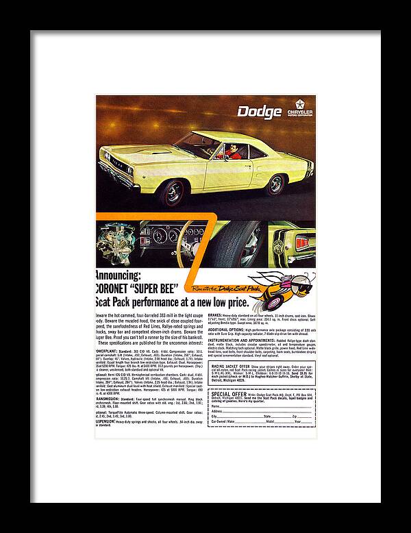 1968 Framed Print featuring the digital art 1968 Dodge Coronet Super Bee by Digital Repro Depot