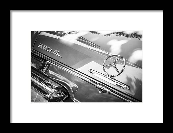 1968 Mercedes-benz 280 Sl Roadster Rear Emblem Framed Print featuring the photograph 1968 Mercedes-Benz 280 SL Roadster Rear Emblem -0310bw by Jill Reger
