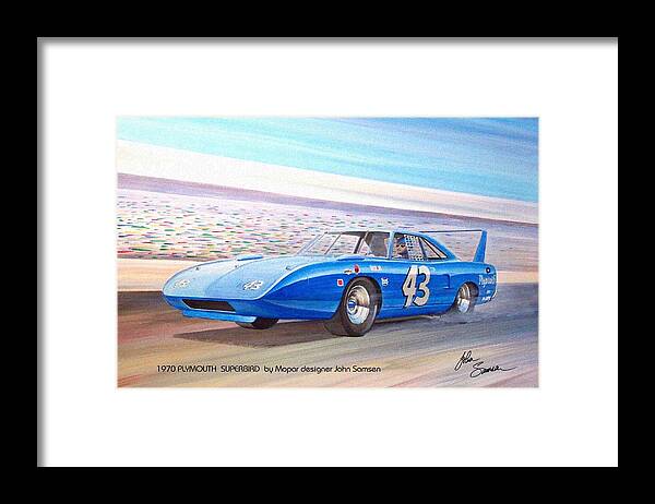 1970 Plymouth Framed Print featuring the painting 1970 SUPERBIRD Petty NASCAR racecar muscle car sketch rendering by John Samsen