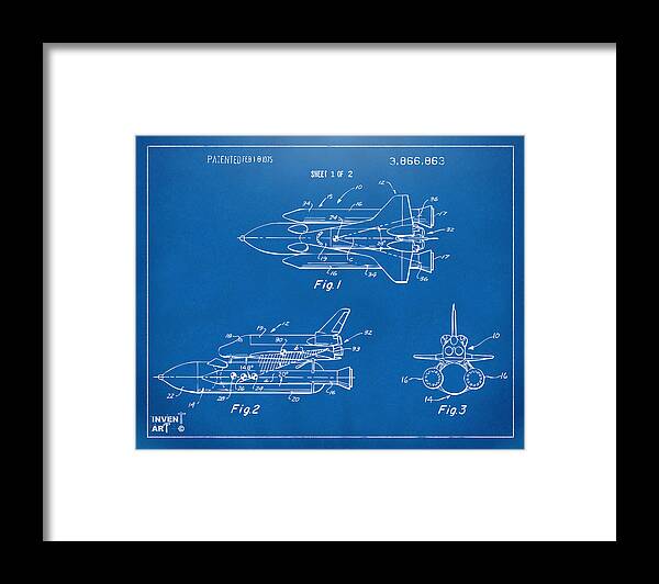 Space Ship Framed Print featuring the digital art 1975 Space Shuttle Patent - Blueprint by Nikki Marie Smith