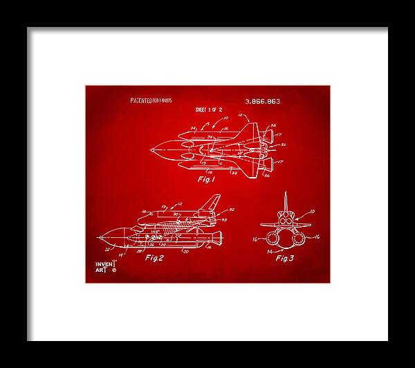 Space Ship Framed Print featuring the digital art 1975 Space Shuttle Patent - Red by Nikki Marie Smith