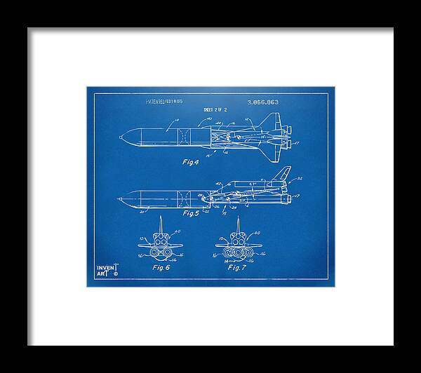 Space Ship Framed Print featuring the digital art 1975 Space Vehicle Patent - Blueprint by Nikki Marie Smith