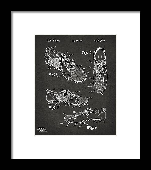 Soccer Framed Print featuring the digital art 1980 Soccer Shoes Patent Artwork - Gray by Nikki Marie Smith