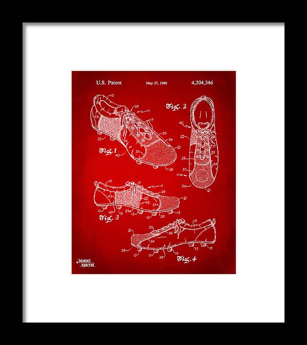Soccer Framed Print featuring the digital art 1980 Soccer Shoes Patent Artwork - Red by Nikki Marie Smith
