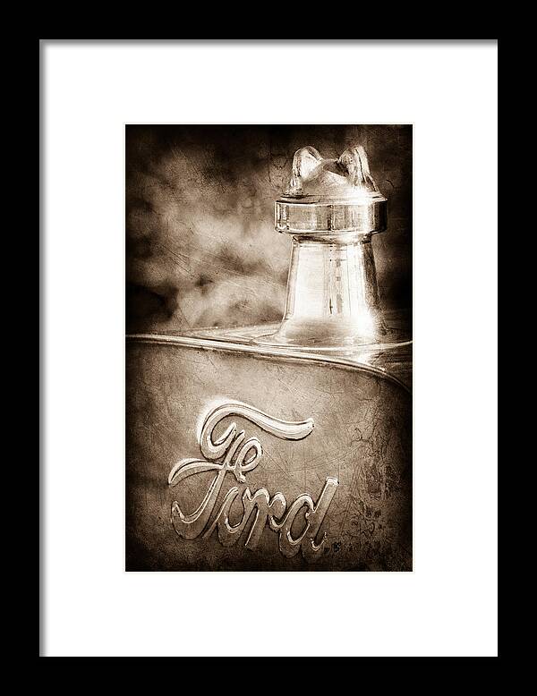1911 Ford Model T Torpedo Framed Print featuring the photograph 1911 Ford Model T Torpedo 4 cylinder 25 HP Hood Ornament - Emblem #2 by Jill Reger