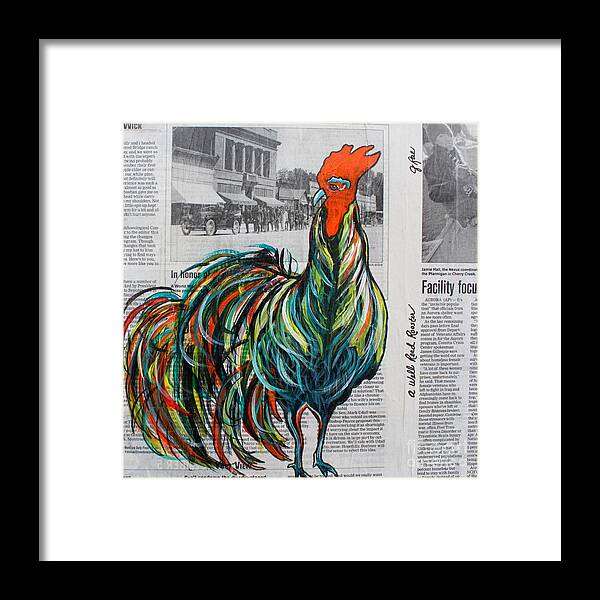 Rooster Framed Print featuring the painting A Well Read Rooster by Janice Pariza