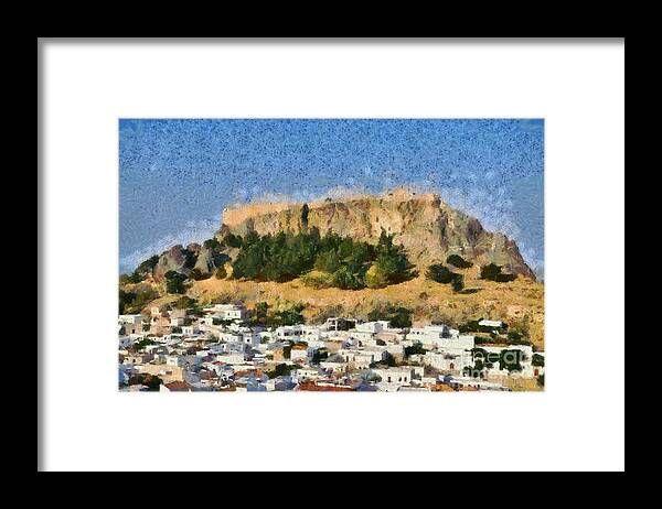 Rhodes Framed Print featuring the painting Acropolis and village of Lindos #1 by George Atsametakis