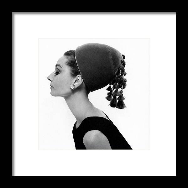 Accessories Beauty Fashion Personality Actress Studio Shot One Person People Hat Headgear Side View Audrey Hepburn 1960s Style Givenchy Eyes Closed Head And Shoulders Oriental Velvet Tassel 35-39 Years Mid-adult 30s Adult Female Mid Adult Woman #condenastvoguephotograph August 15th 1964 Framed Print featuring the photograph Audrey Hepburn Wearing A Givenchy Hat by Cecil Beaton