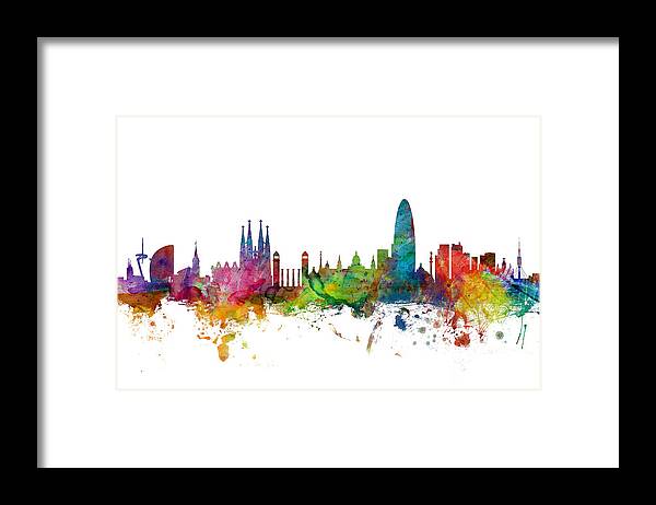 Barcelona Framed Print featuring the digital art Barcelona Spain Skyline by Michael Tompsett