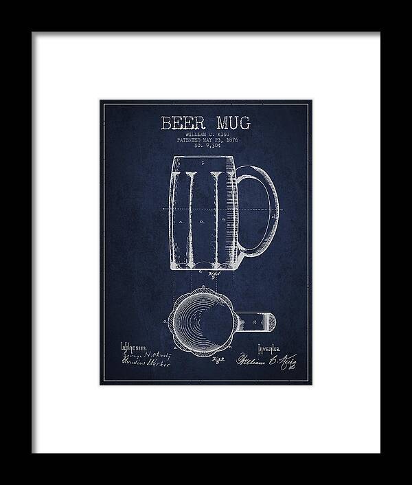 Beer Mug Framed Print featuring the digital art Beer Mug Patent from 1876 - Navy Blue by Aged Pixel