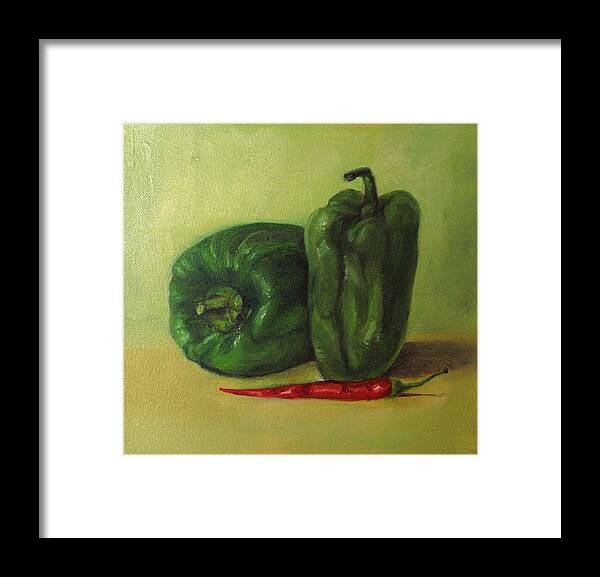 Still Life Painting Of Vegetables Framed Print featuring the painting Capsicum and red chilli #2 by Asha Sudhaker Shenoy