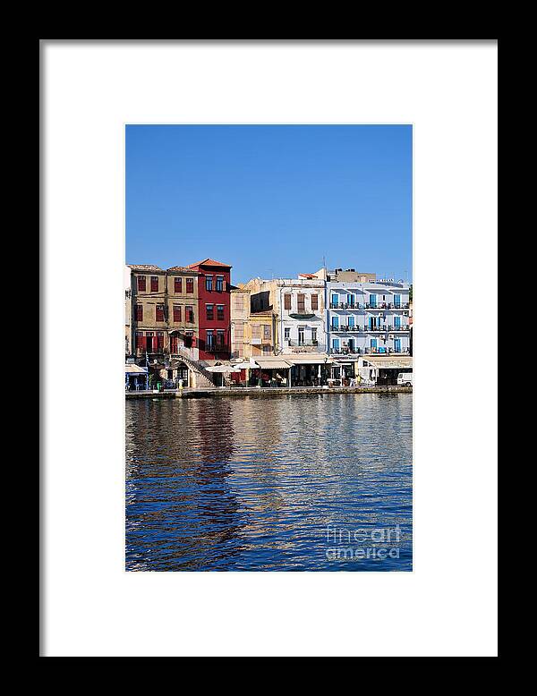 Chania; Hania; Crete; Kriti; Town; Old; City; Port; Harbor; Venetian; Greece; Hellas; Greek; Hellenic; Islands; Morning Light; Sea; Reflection; Reflections; Island; Color; Colorful; Hotels; Taverns; Restaurants; Holidays; Vacation; Travel; Trip; Voyage; Journey; Tourism; Touristic; Summer; Blue; Sky Framed Print featuring the photograph Chania city #7 by George Atsametakis