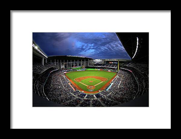 American League Baseball Framed Print featuring the photograph Colorado Rockies V Miami Marlins by Mike Ehrmann