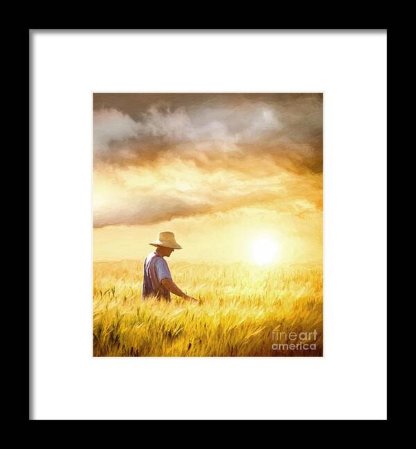  Farmer Framed Print featuring the photograph Farmer checking his crop of wheat/ digital painting by Sandra Cunningham