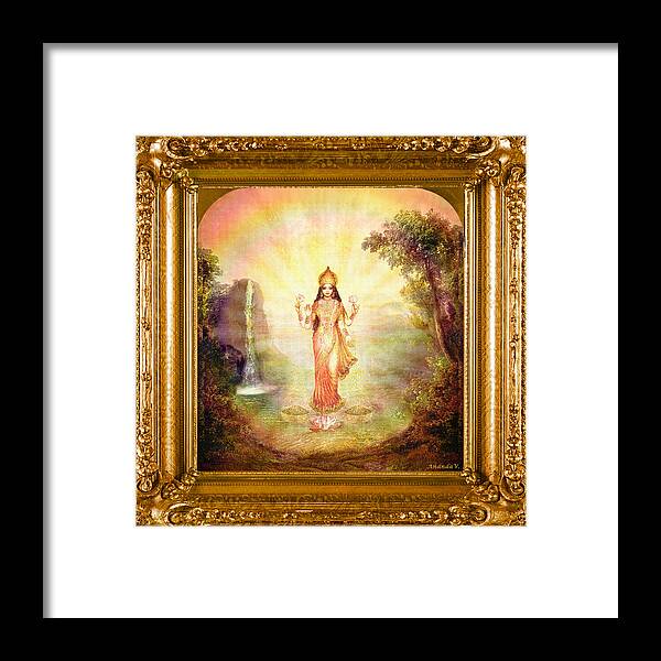 Goddess Painting Framed Print featuring the mixed media Lakshmi with the Waterfall #3 by Ananda Vdovic