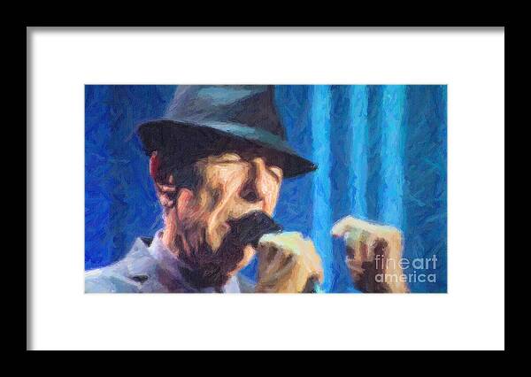 Leonard Cohen Framed Print featuring the digital art Leonard Cohen in concert 2013 #2 by Liz Leyden