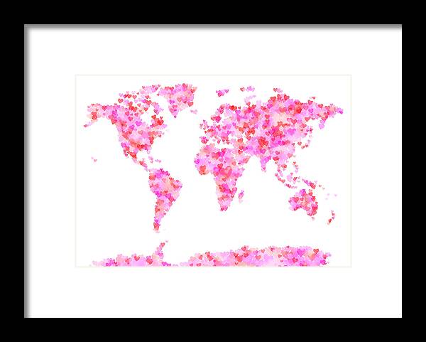 World Map Framed Print featuring the digital art Love Hearts Map of the World Map #2 by Michael Tompsett