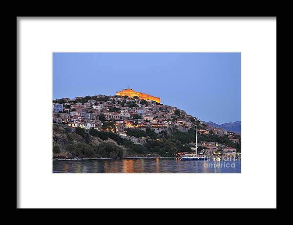 Lesvos; Lesbos; Molyvos; Molivos; Mithymna; Methymna; Village; Town; Port; Harbor; Castle; Fortress; Boat; Sailing; Sea; Islands; Greece; Greek; Hellas; Aegean; Summer; Holidays; Island; Vacation; Tourism; Touristic; Travel; Trip; Voyage; Journey; Dusk; Twilight; Night; Blue Sky Framed Print featuring the photograph Molyvos village during dusk time #8 by George Atsametakis