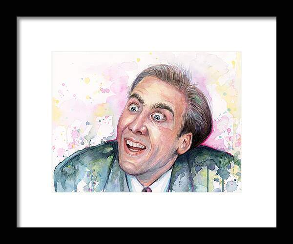 Nic Cage Framed Print featuring the painting Nicolas Cage You Don't Say Watercolor Portrait by Olga Shvartsur