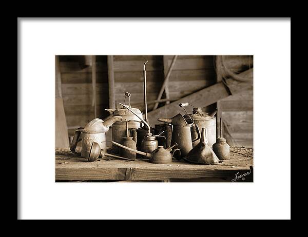 Barn Framed Print featuring the photograph OIL and GAS CANS #2 by Charles Fennen