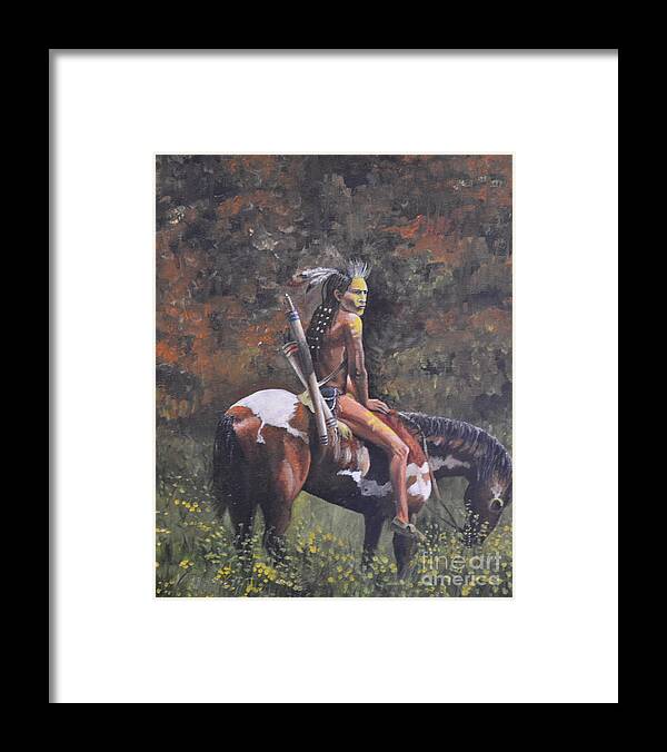 American Indian Sitting On A Painted Pony In The Woods Framed Print featuring the painting Painted Pony by Martin Schmidt