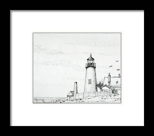 Seascape Framed Print featuring the drawing Pemaquid Point Lighthouse #2 by Mariarosa Rockefeller