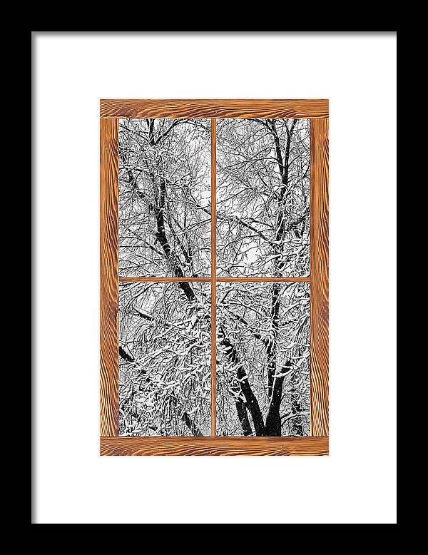 Windows Framed Print featuring the photograph Snowy Tree Branches Barn Wood Picture Window Frame View #2 by James BO Insogna