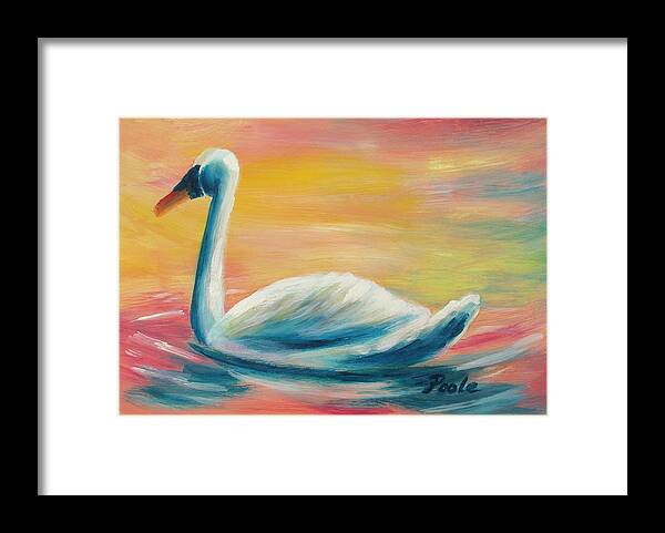 Pond Framed Print featuring the painting Swan at Sunset by Pamela Poole