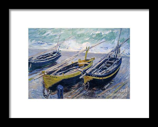 French Framed Print featuring the painting Three Fishing Boats by Claude Monet